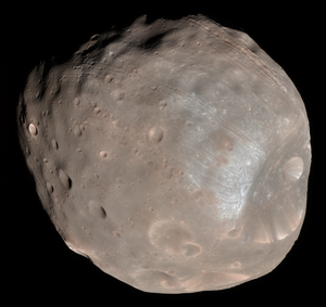 Color image of Phobos, the larger of Mars's two moons, taken by NASA's Mars Reconnaissance Orbiter HiRISE camera on 23 March 2008 from a distance of about 6,800 kilometers. The image shows Phobos's heavily cratered surface with the large Stickney crater visible at lower right. Public domain. NASA / JPL-Caltech / University of Arizona. Used here as a stand-in for the Phobos 2 mission: the Soviet probe was the first to image Phobos at close range, returning 37 high-resolution frames before losing contact on 27 March 1989. The image Popovich showed at the 6 December 1991 San Francisco press conference was, per the article, the last frame of that earlier series.