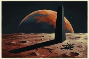 Editorial illustration in Mid-Century-Modern style showing a towering angular monolith casting a long shadow on the potato-shaped Martian moon Phobos, with a small robotic lander nearby.