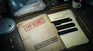 Editorial illustration of a TOP SECRET file folder marked "ESTIMATE OF THE SITUATION, September 1948" with three redaction bars and the word "interplanetary" left visible, stamped "DESTROYED PER ORDER."
