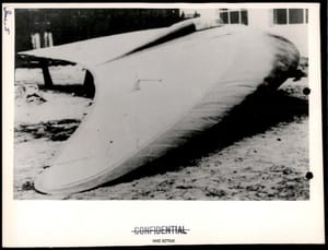 Confidential photograph of a delta-wing aircraft prototype reproduced in the 1948 Project Sign progress report, a contemporary Air Force document released alongside the 1948–49 flying-object studies.