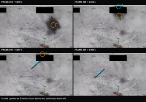 Four enlarged source frames from DOW-UAP-PR030 tracing contrast region A upward and contrast region B down and left.