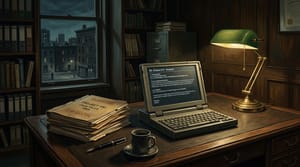 Editorial illustration of a classic leather-top office desk with an open laptop showing email text, alongside stacked archive folders, a fountain pen, and a warm desk lamp casting soft light.