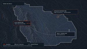 Editorial map graphic locating the Quail Springs Fire, a separately reported fire in Range 74A, and Area 51 within the wider Nevada Test and Training Range.