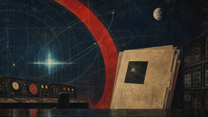 Painted editorial illustration of a dark Soviet-era archive and control-room space, with a crimson orbital arc, a small moon, technical trajectory lines and an ambiguous cyan signal. It is an interpretive illustration, not a historical image or evidence of a UFO.