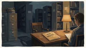 Painted editorial illustration of an anonymous government archive desk with a manila folder labeled NDA WAIVER and a lamp casting light on an empty witness chair.
Feature image caption: Editorial illustration by UAP Logbook.