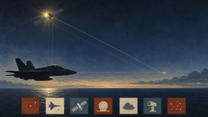 Painted editorial illustration of a Navy fighter jet, a sunlit satellite and a small unidentified oval over the ocean, connected by sight lines and evidence icons.