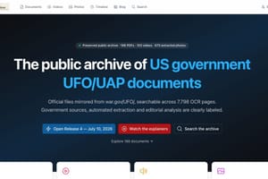 UAP Archives homepage showing its document, video, photo, timeline and search routes.