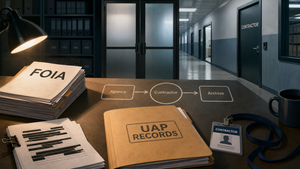 Editorial illustration of a FOIA records desk with a UAP Records folder, redacted pages, an agency-to-contractor-to-archive flow chart, and a door labeled Contractor.