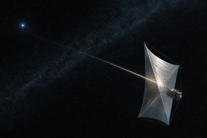 Painted editorial illustration of a small automated spacecraft crossing deep space on a reflective light sail, pushed by a narrow beam from a distant star.