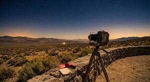 Editorial illustration of a wide desert horizon at dusk with a tripod-mounted vintage camera pointing at a star-filled sky and a single warm light low on the horizon. Red-lens flashlight and brass compass rest on a low stone wall next to the camera. Editorial illustration; not source imagery.