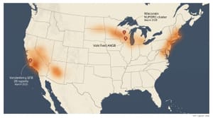 Editorial reporting-density map of the continental United States marking Wisconsin, Vandenberg SFB, and Volk Field ANGB as labeled nodes.