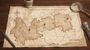Editorial illustration of a sepia parchment map of southern China showing Yunnan, Guizhou, and Hunan provinces with three small rust pin markers at the named sighting clusters and a tracked caption.