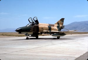 An Imperial Iranian Air Force F-4 Phantom II parked at Shiraz Air Base in 1977.