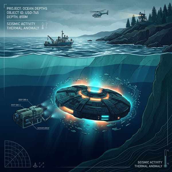 AI-generated editorial visualization of an unidentified submerged object (USO) under the ocean surface near a coastline, with mysterious glowing lights underwater.