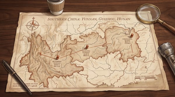 Editorial illustration of a sepia parchment map of southern China showing Yunnan, Guizhou, and Hunan provinces with three small rust pin markers at the named sighting clusters and a tracked caption.